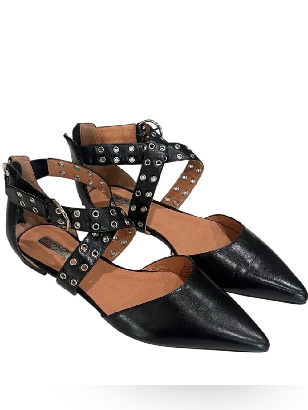 Halogen Olsen Leather Cross Ankle Strap Studded Point Toe Flats SZ 12 Black